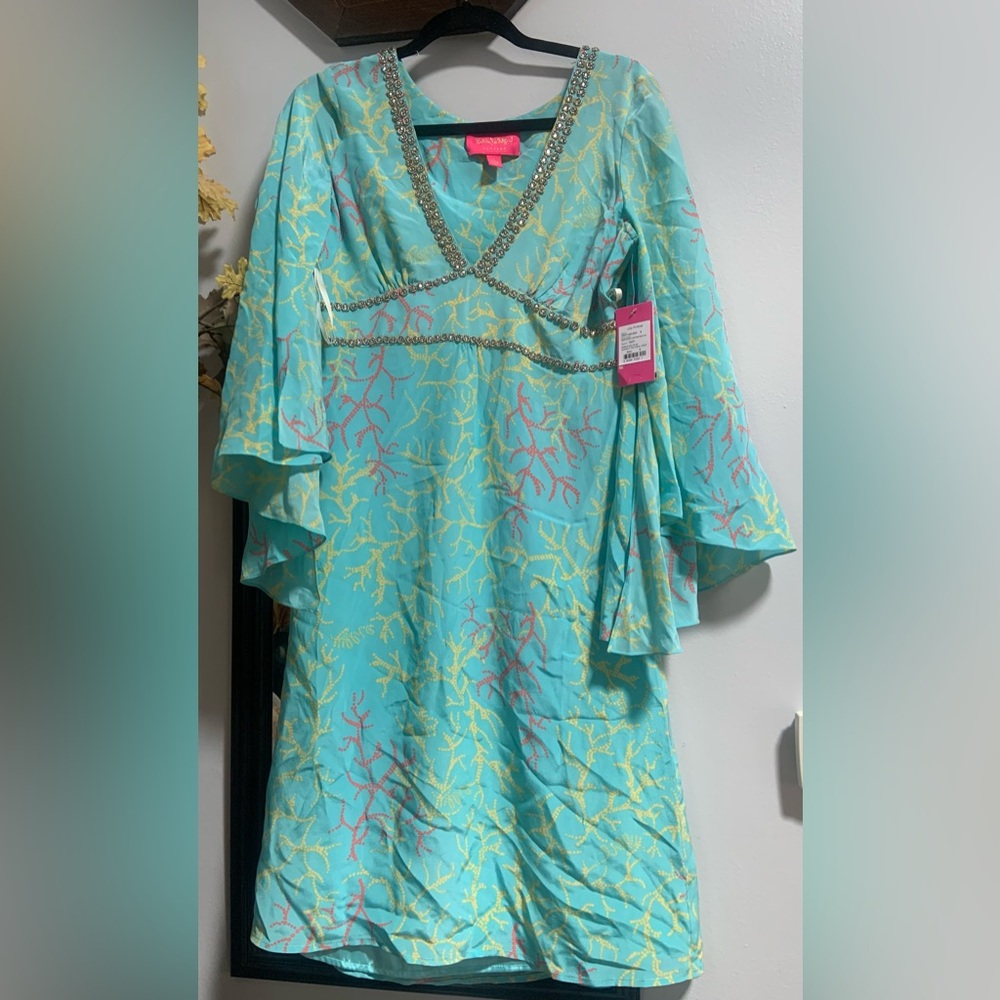 Lilly Pulitzer Turquoise and Yellow Coral Midi Dress